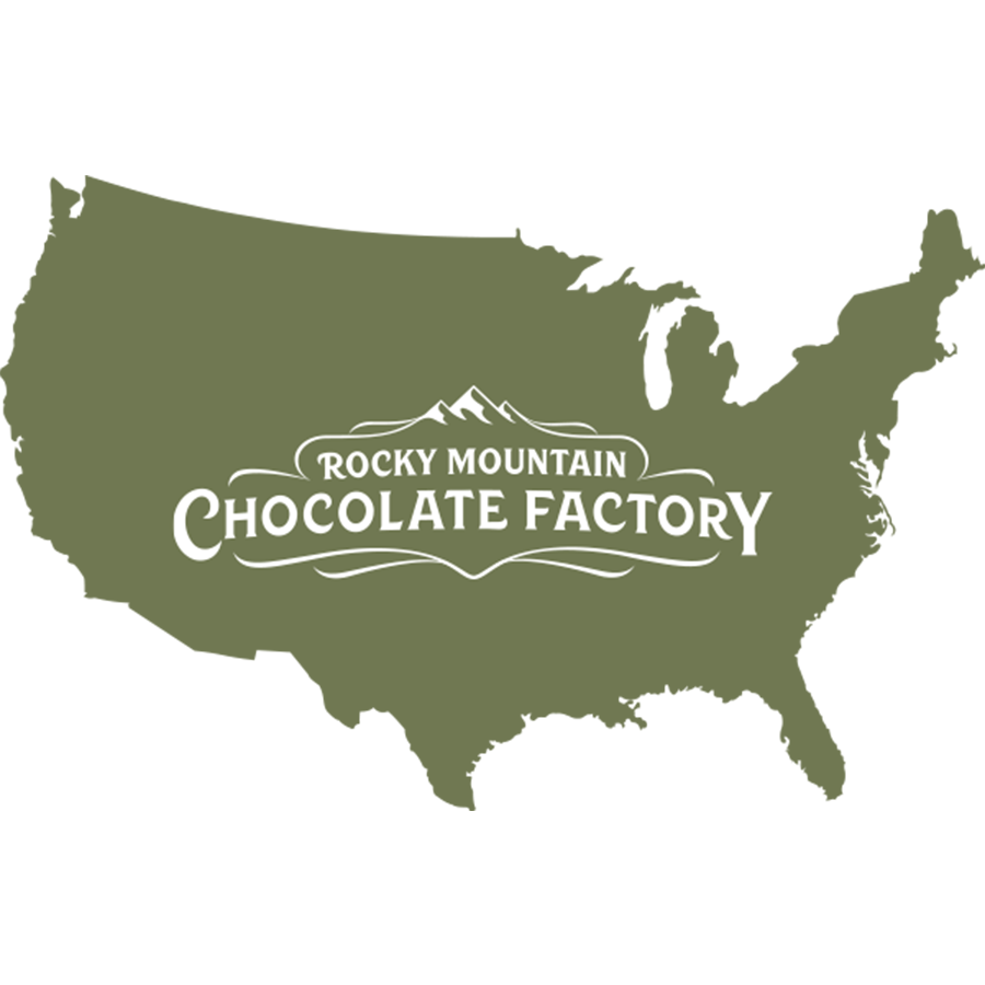 Rocky Mountain Chocolate Factory logo over green shape of the United States