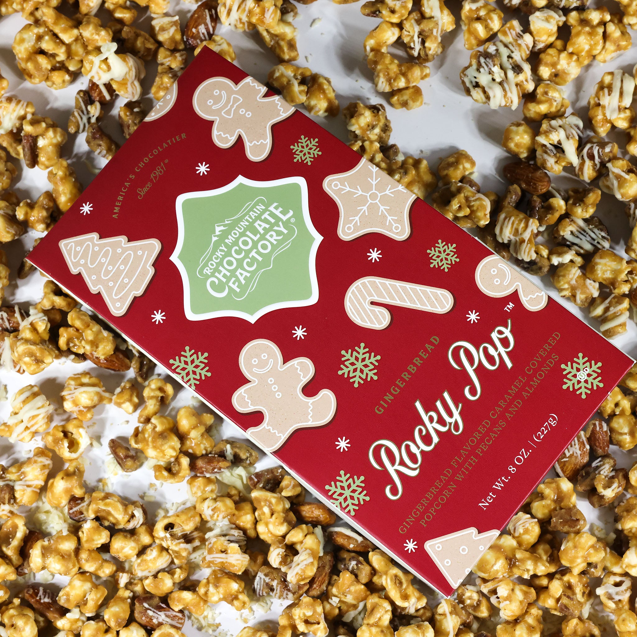 Gingerbread Rocky Pop packaging and popcorn