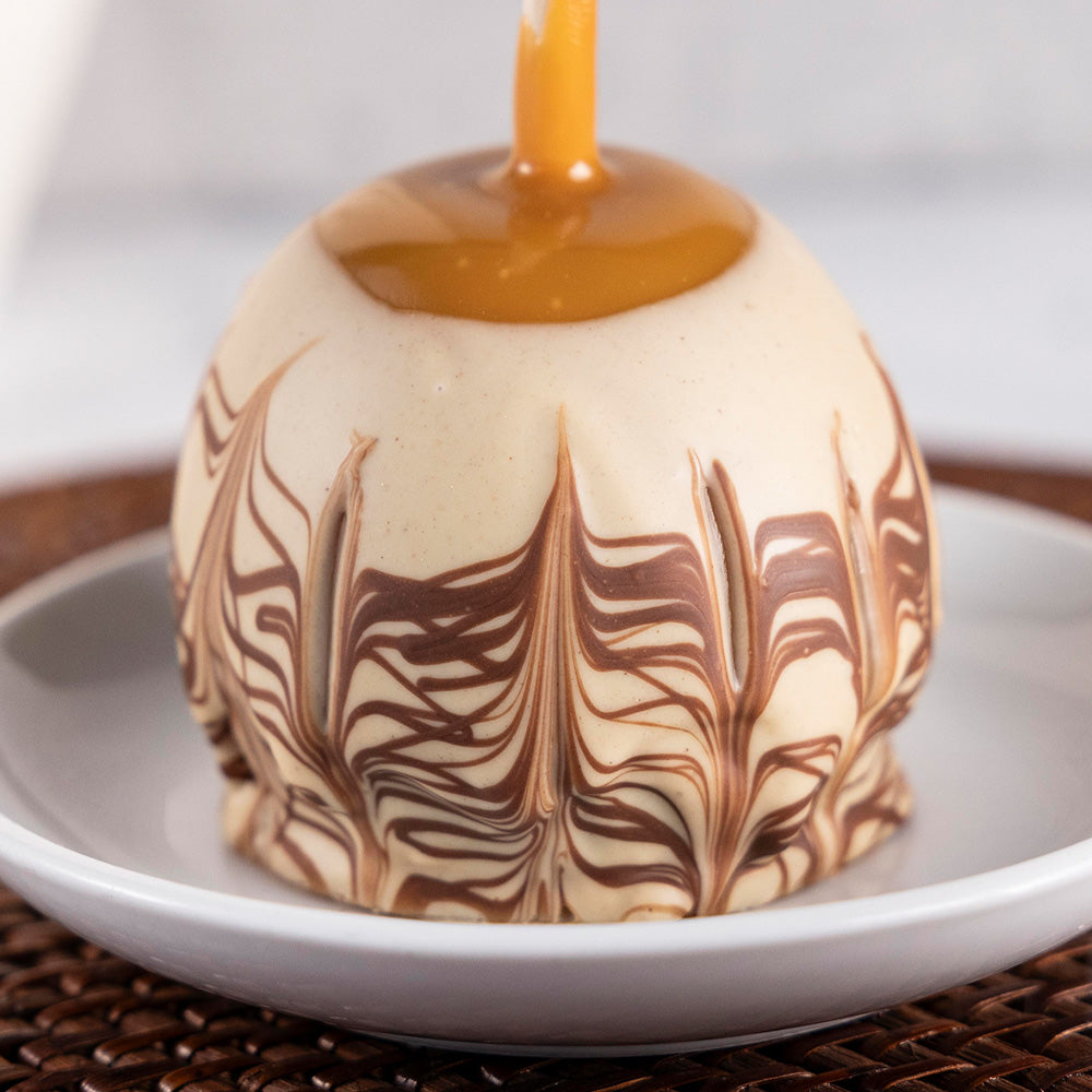 Handmade Tiger Butter Caramel Apple, gourmet caramel apples, Rocky Mountain Chocolate Factory