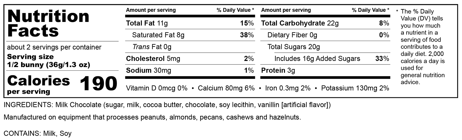 Nutrition Label for 2.5oz Foiled Bunny 775-750-00102
