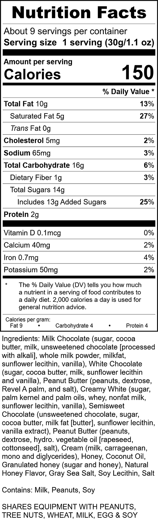 Carver's Dream  Nutrition Label, Rocky Mountain Chocolate Factory