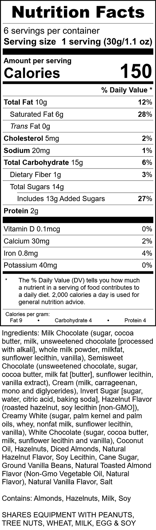 Earth's Momento Nutrition Label, Boxed Assortment, Rocky Mountain Chocolate Factory