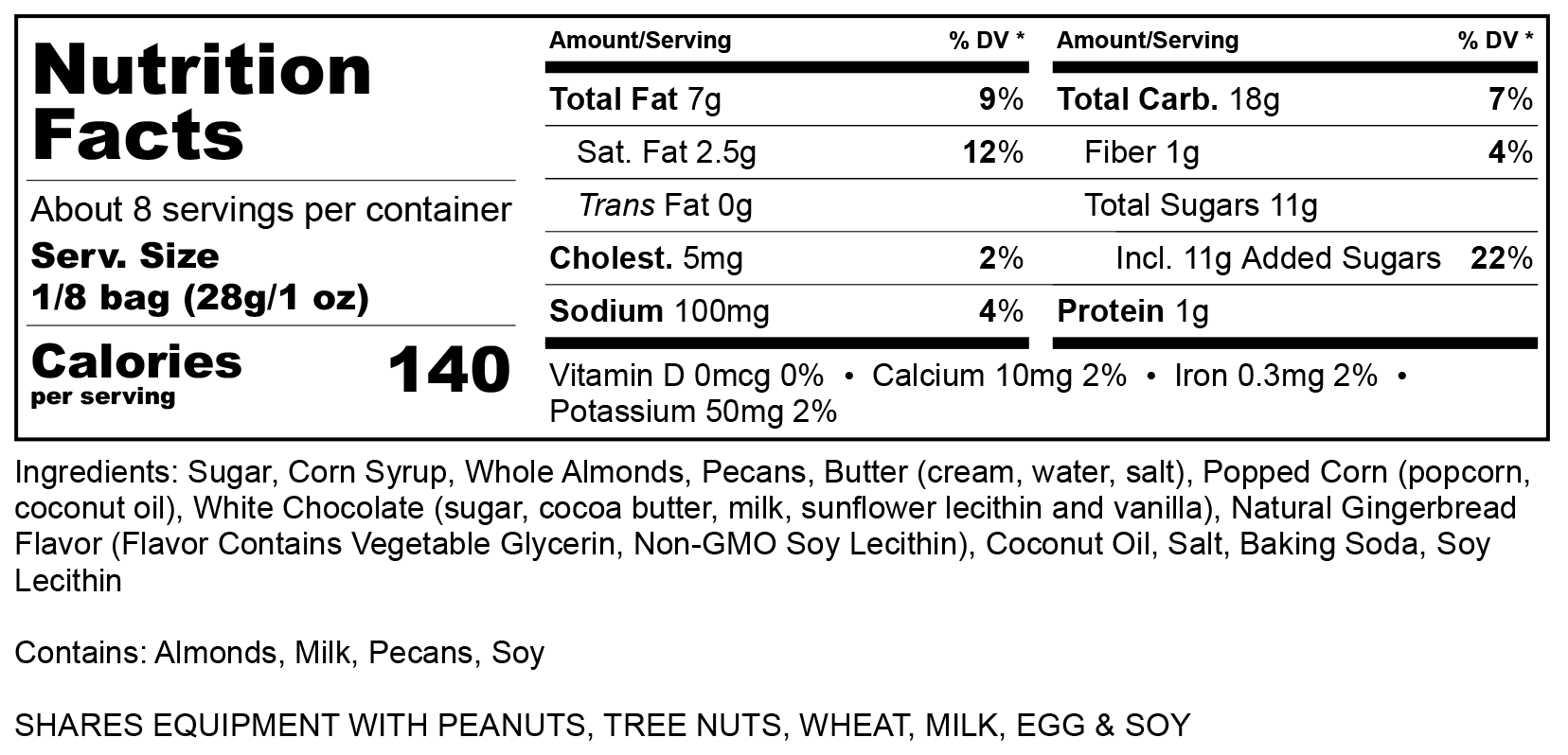Nutritional label for Gingerbread Rocky Pop boxed assortment