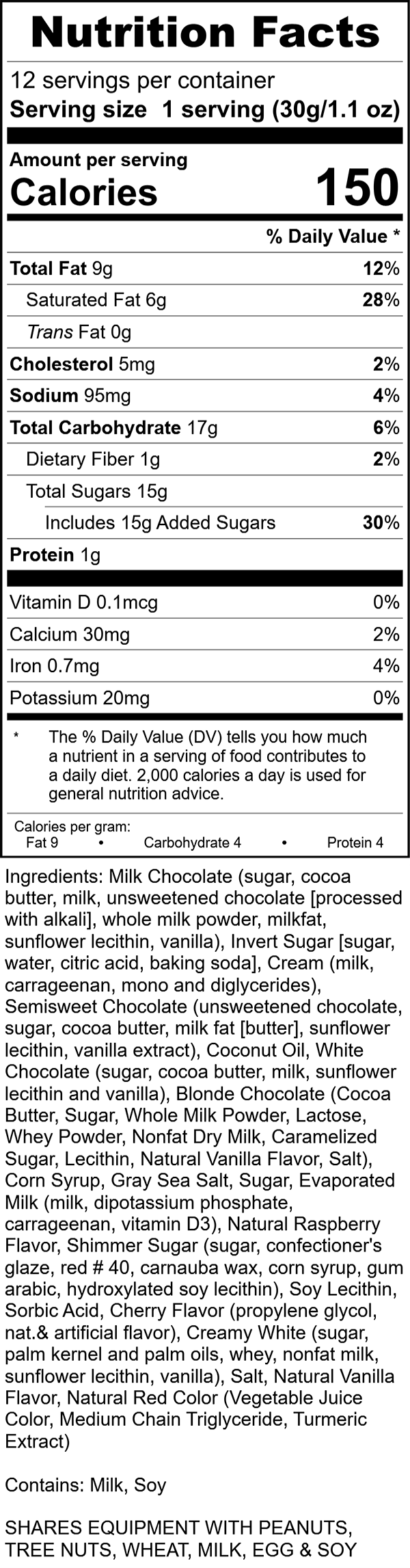 Highland Nutrition Label, Rocky Mountain Chocolate Factory
