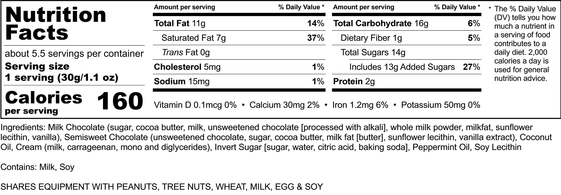 Mountain Mint Nutrition Label, Boxed Assortment, Rocky Mountain Chocolate Factory