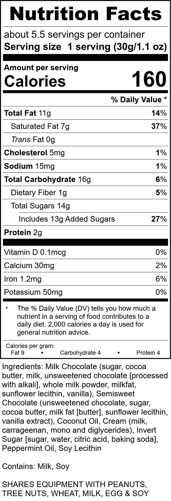 Mountain Mint Nutrition Label, Boxed Assortment, Rocky Mountain Chocolate Factory