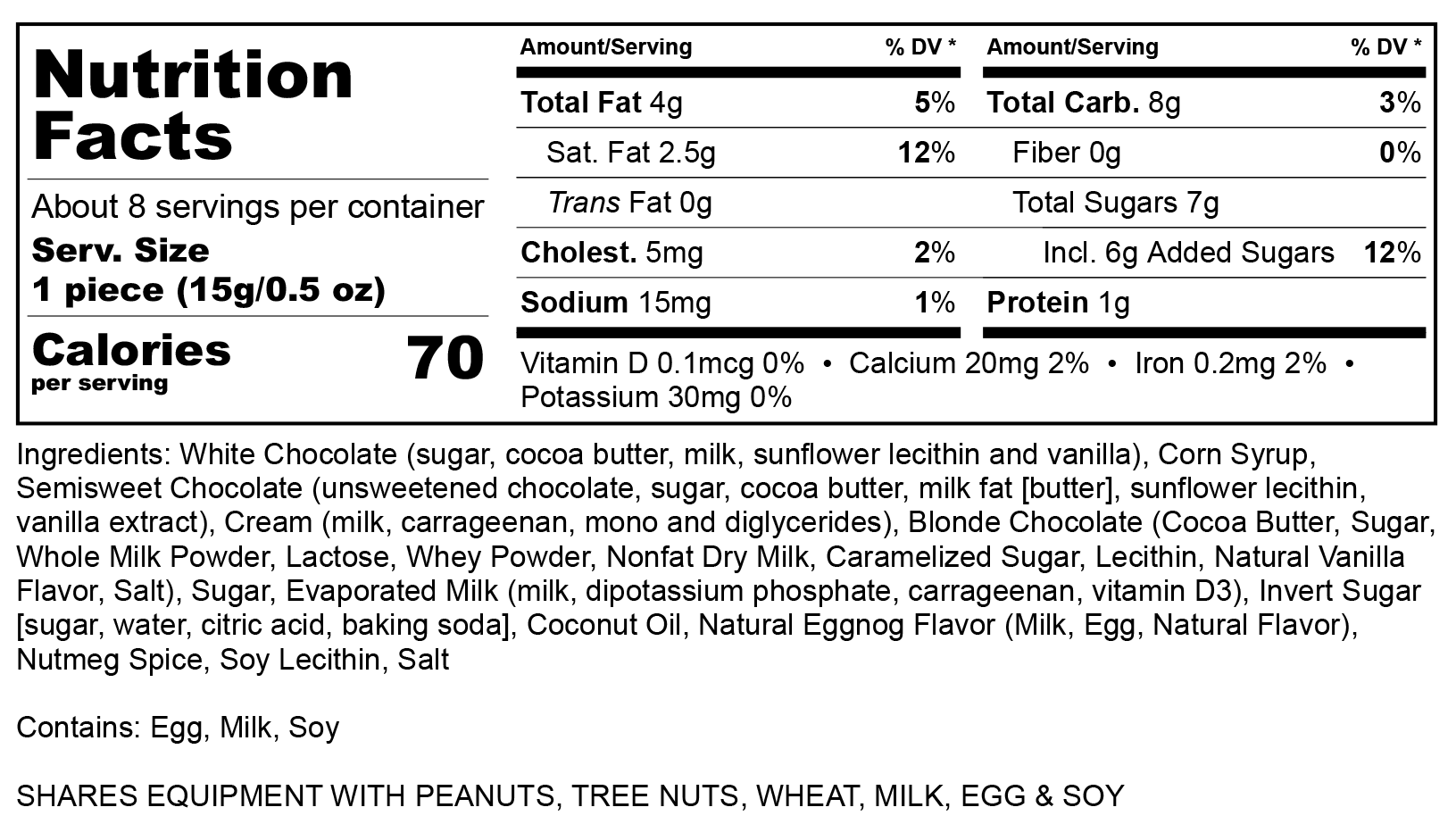 Nutritional label for North Pole Nog boxed assortment