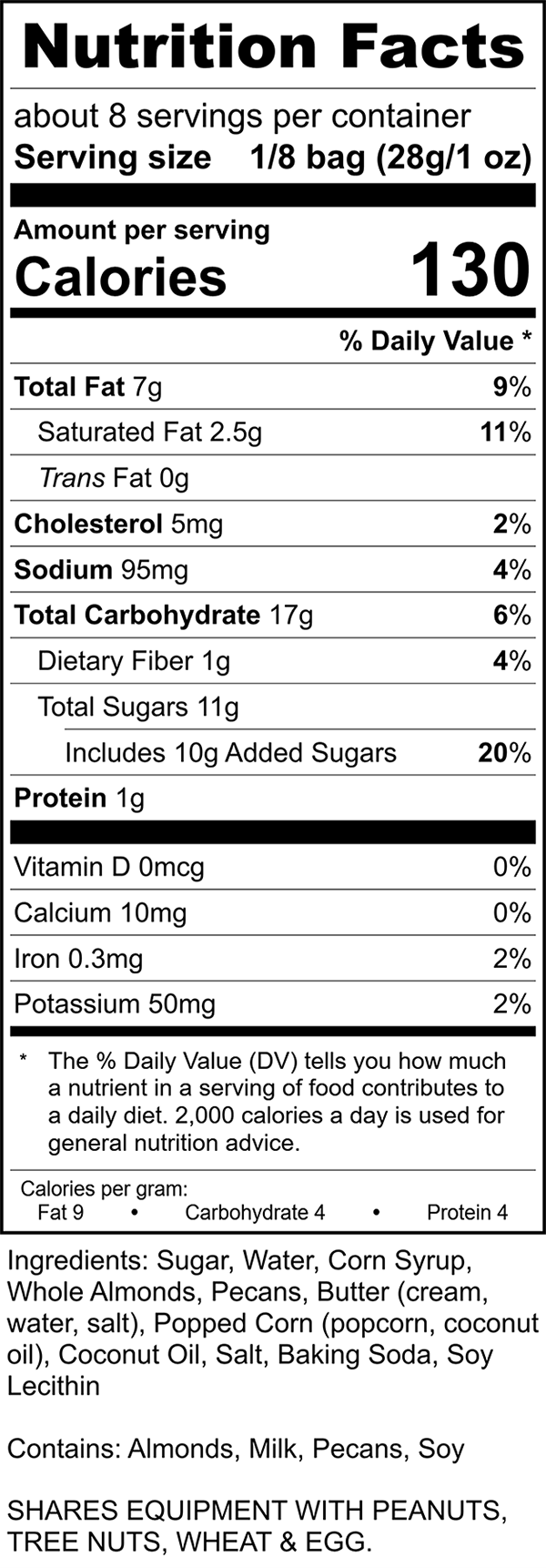 Rocky Pop Nutrition Label, Rocky Mountain Chocolate Factory