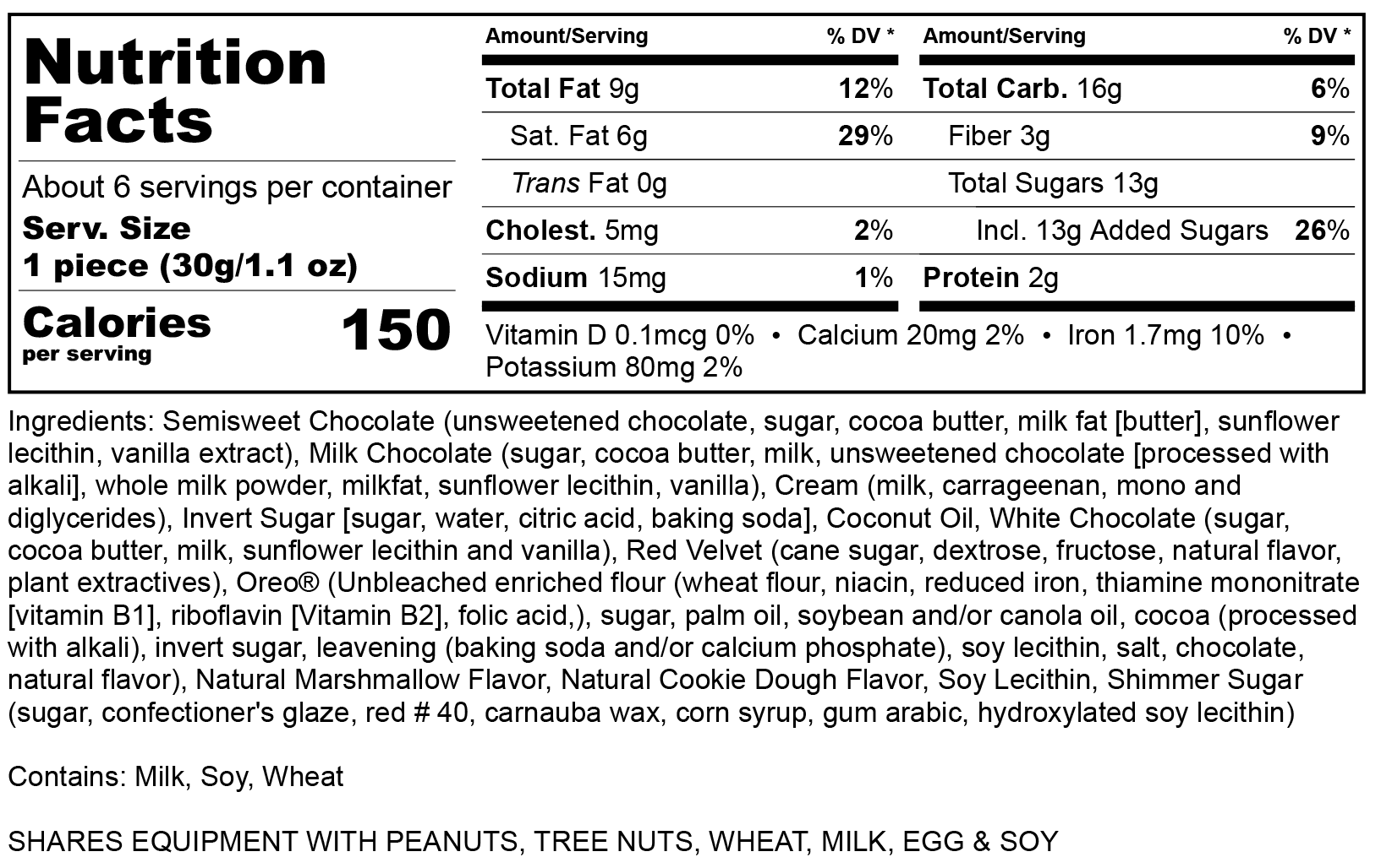Nutritional label for Dark and Divine boxed assortment