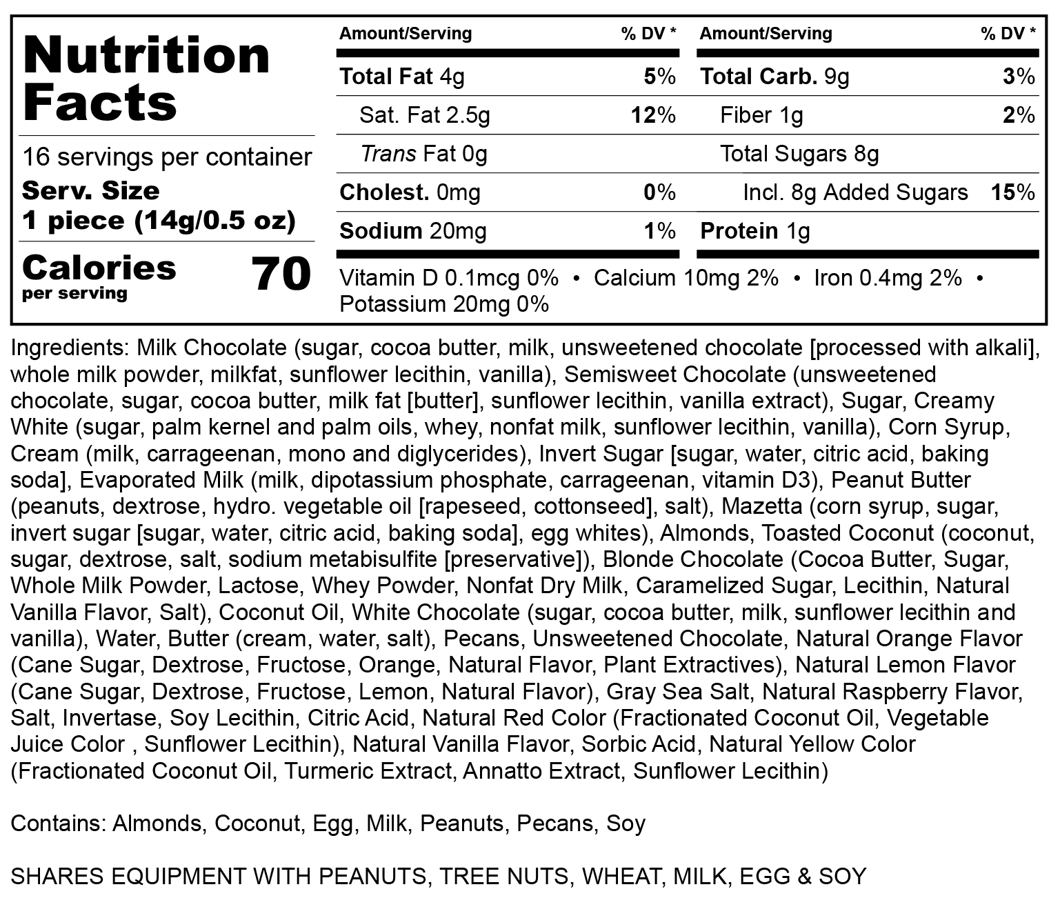 Nutritional label for Founder’s Choice boxed assortment