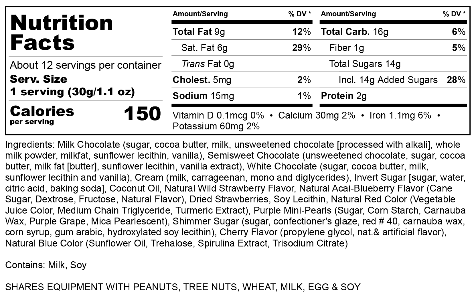 Nutritional label for Love and Berries boxed assortment