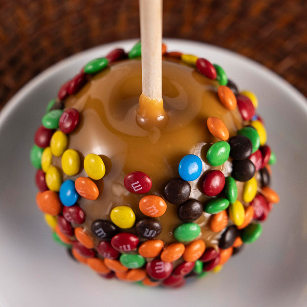 M&M caramel apple, fresh caramel apples, Rocky Mountain Chocolate Factory