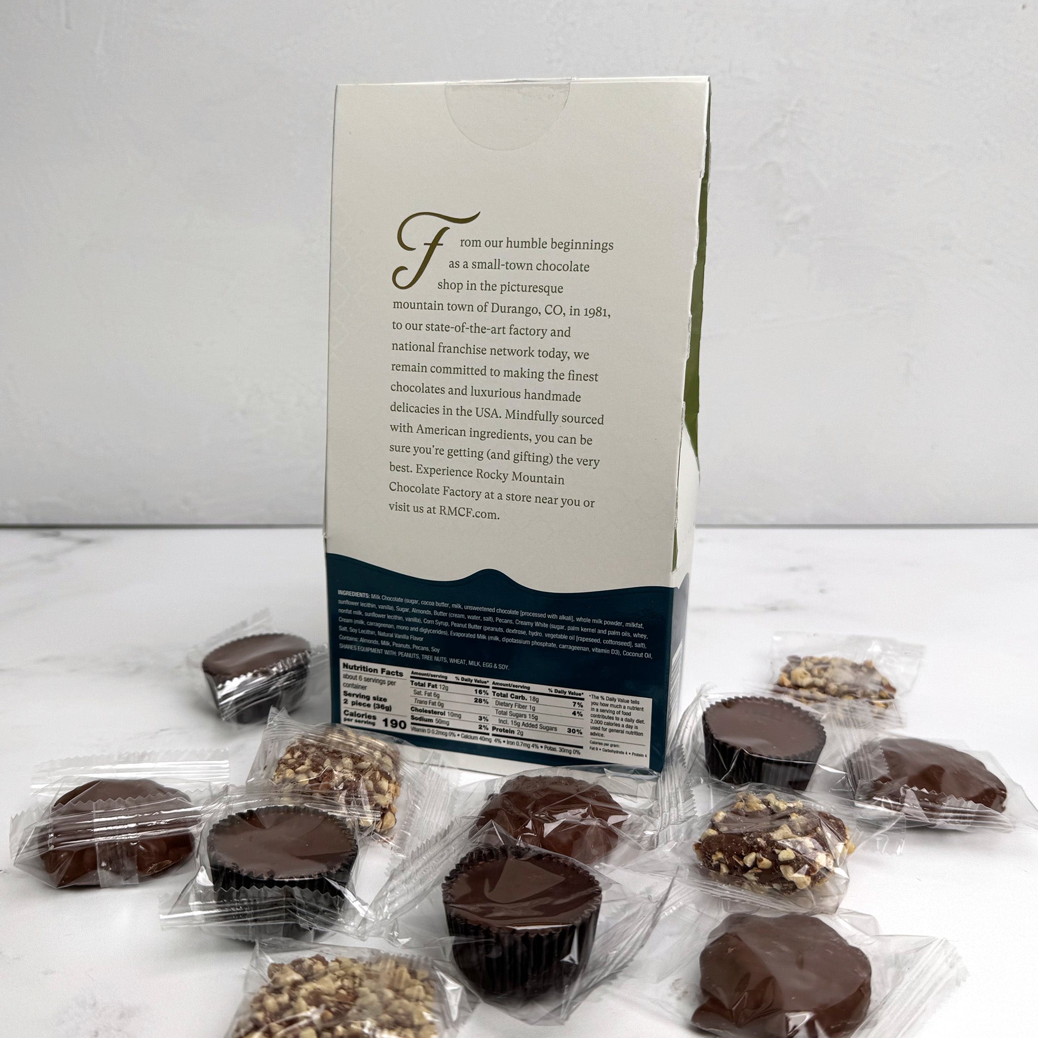 Individually wrapped Pecan Bears™, Peanut Butter Pails™, and English Toffee nuggets, by Rocky Mountain Chocolate Factory